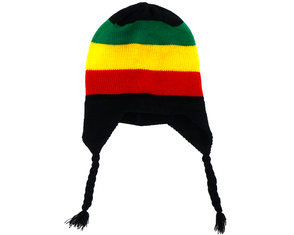 Handmade knit chullo beanie hat with ear flaps and horizontal striped pattern in Rasta colors.