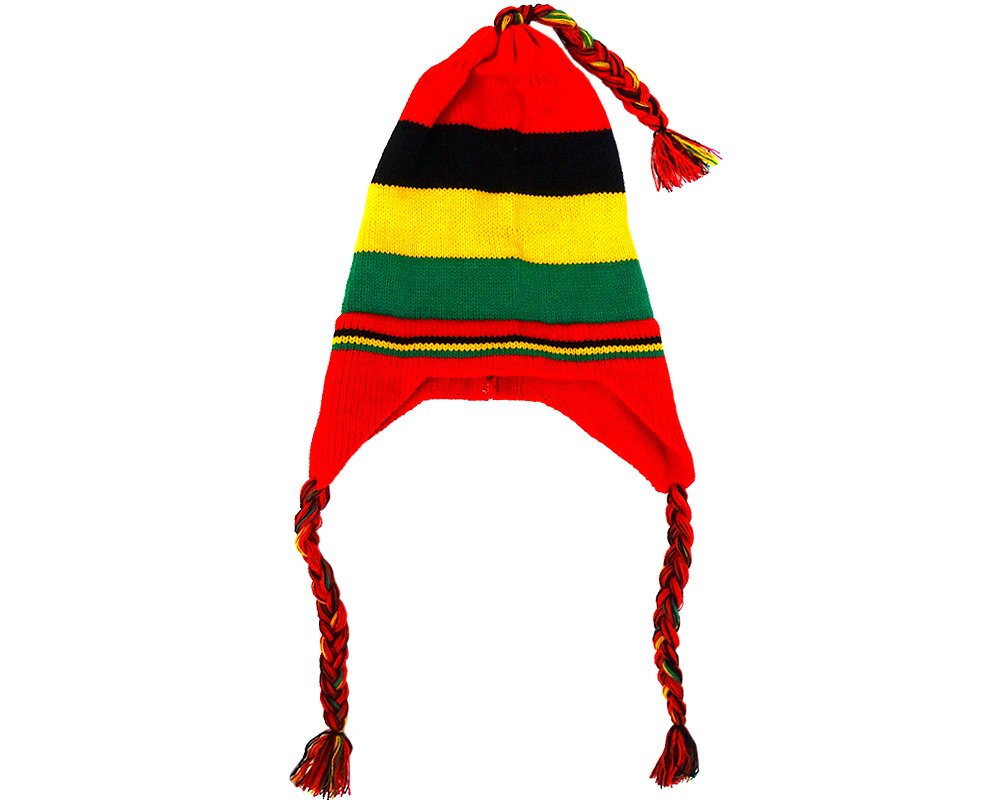 Handmade knit chullo beanie hat with ear flaps, braids, and horizontal striped pattern in Rasta colors.