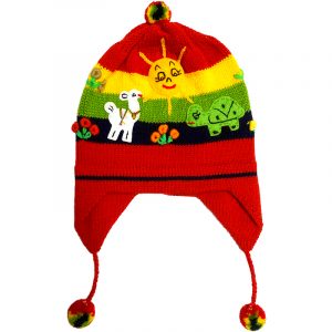 Handmade kid’s earflap beanie hat with handwoven alpaca wool, pom poms, embroidered animal designs, and striped pattern in red, golden yellow, and lime green color combination.