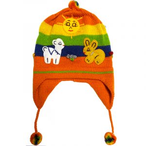 Handmade kid’s earflap beanie hat with handwoven alpaca wool, pom poms, embroidered animal designs, and striped pattern in orange, golden yellow, lime green, and blue color combination.