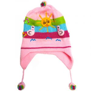 Handmade kid’s earflap beanie hat with handwoven alpaca wool, pom poms, embroidered animal designs, and striped pattern in pink, lime green, and turquoise color combination.