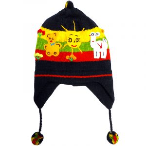 Handmade kid’s earflap beanie hat with handwoven alpaca wool, pom poms, embroidered animal designs, and striped pattern in black, golden yellow, lime green, and red color combination.