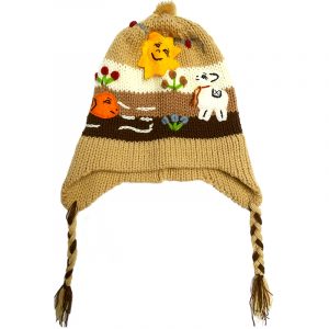 Handmade kid’s earflap beanie hat with handwoven alpaca wool, pom poms, embroidered animal designs, and striped pattern in beige, tan, and brown color combination.