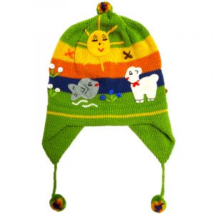 Handmade kid’s earflap beanie hat with handwoven alpaca wool, pom poms, embroidered animal designs, and striped pattern in lime green, golden yellow, orange, and blue color combination.