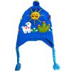 HA-050203353599 Handmade kid’s earflap beanie hat with handwoven alpaca wool, pom poms, and embroidered animal designs in turquoise blue color.