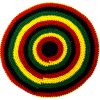Handmade knit crochet knit tam beret beanie hat with geometric striped pattern in Rasta colors.