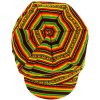 Handmade puff tam bill hat with tribal print striped pattern and stash pocket in Rasta colors.