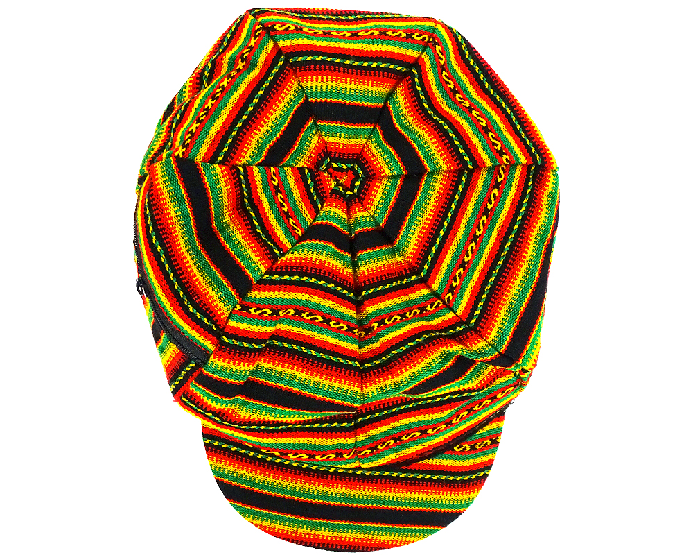 Handmade puff tam bill hat with tribal print striped pattern and stash pocket in Rasta colors.