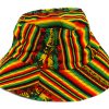 Handmade bucket hat with tribal print striped pattern and strap in Rasta colors.