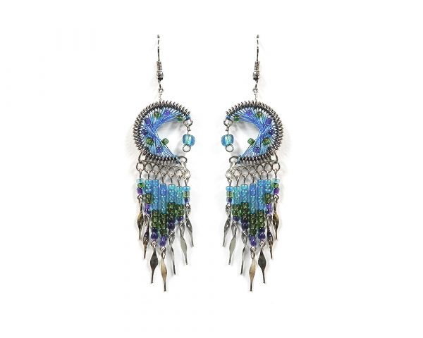 Round-shaped semicircle crescent half moon silk thread earrings with long seed bead and alpaca silver metal dangles in turquoise, green, and indigo color combination.