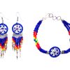 Handmade Native American inspired round beaded thread dream catcher multi strand bracelet and matching earrings with long seed bead and alpaca silver dangles in blue, dark pink, red, orange, yellow, and mint color combination.