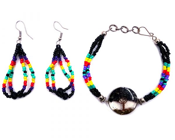 Handmade Native American inspired seed bead multi strand bracelet with round-shaped clear acrylic resin, copper wire, and crushed chip stone inlay tree of life centerpiece and matching teardrop hoop earrings in black, mint green, yellow, red, and purple color combination.