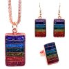 JS-090101991899 Rectangle-shaped acrylic resin, copper wire, and crushed chip stone inlay orgonite necklace, matching earrings, and matching ring with 7 chakra rainbow striped pattern and copper metal setting.