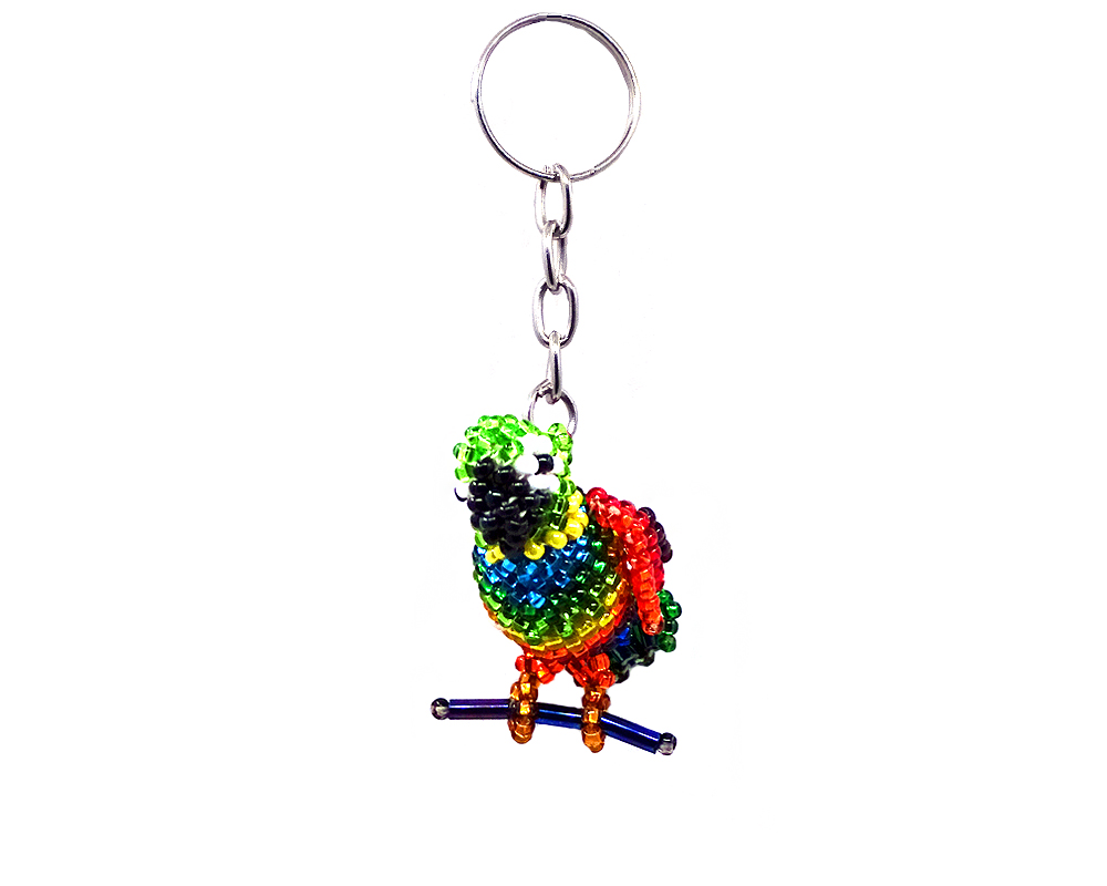 Handmade Czech glass seed bead figurine keychain of a perched parrot in rainbow colors.