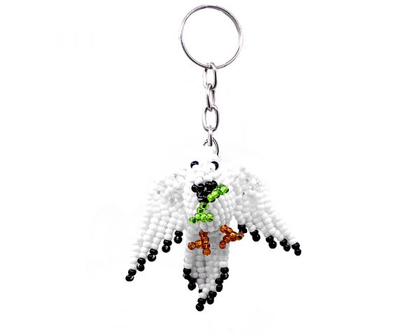 Handmade Czech glass seed bead figurine keychain of a dove bird in white, black, green, and orange color combination.