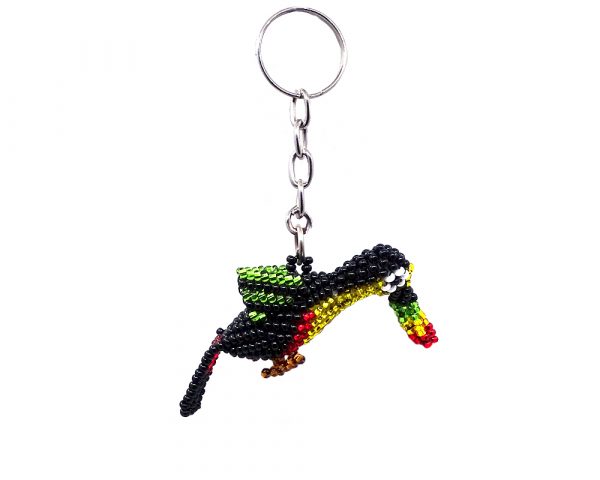 Handmade Czech glass seed bead figurine keychain of a toucan bird in black, yellow, green, red, and white color combination.