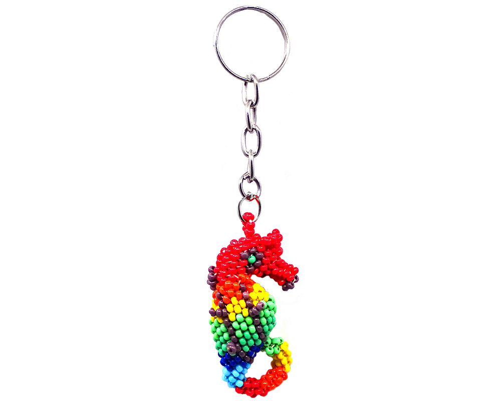 KC-030202999999 Handmade Czech glass seed bead figurine keychain of a seahorse in rainbow colors.