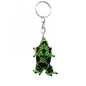 Handmade Czech glass seed bead figurine keychain of a frog in lime green, black, white silver, and red color combination.