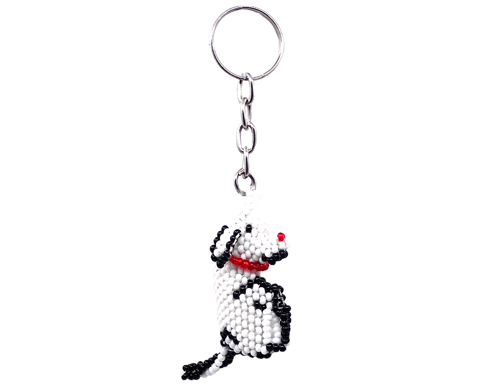 KC-030304000901 Handmade Czech glass seed bead figurine keychain of a dog in white, black, and red color combination.
