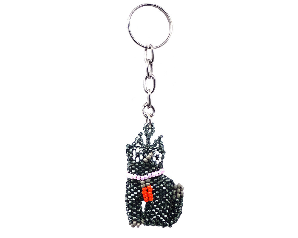 Handmade Czech glass seed bead figurine keychain of a cat in gray and white color combination.