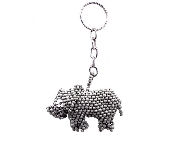 Handmade Czech glass seed bead figurine keychain of an elephant in gray and white color combination.