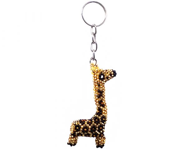 Handmade Czech glass seed bead figurine keychain of a giraffe in gold, brown, black, and white color combination.