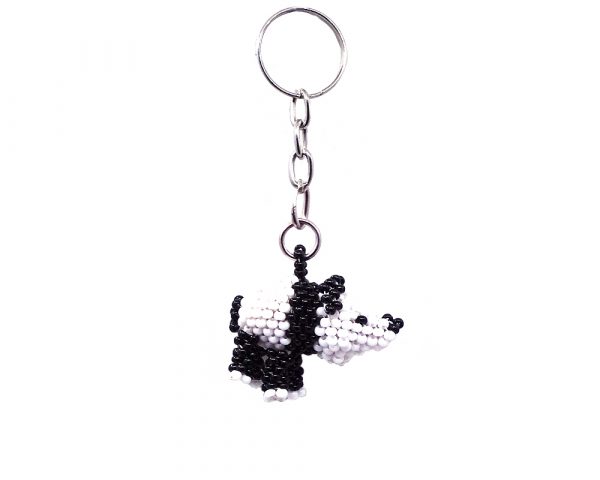 Handmade Czech glass seed bead figurine keychain of a panda bear in black and white color combination.