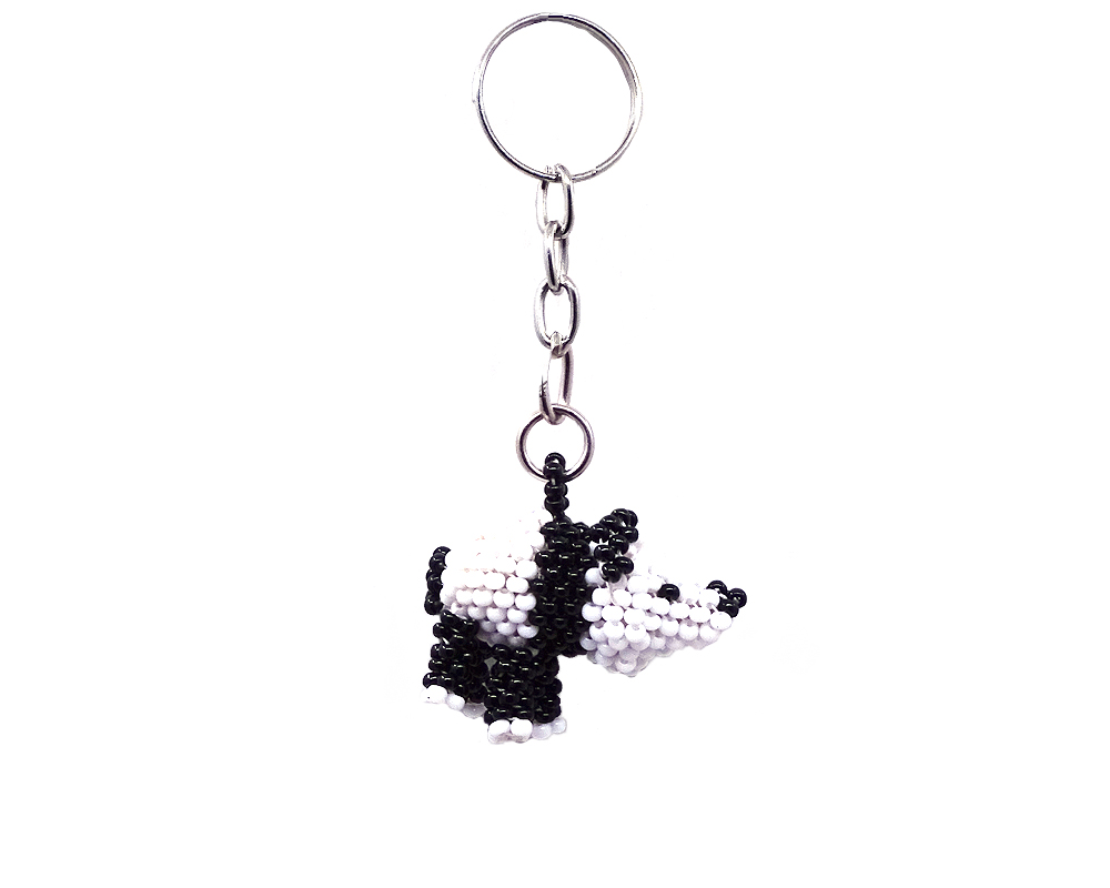 KC-030404090009 Handmade Czech glass seed bead figurine keychain of a panda bear in black and white color combination.