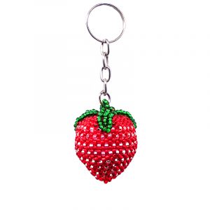 Handmade Czech glass seed bead figurine keychain of a strawberry fruit in red, white silver, and green color combination.