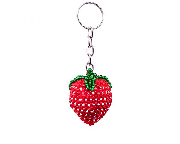 Handmade Czech glass seed bead figurine keychain of a strawberry fruit in red, white silver, and green color combination.