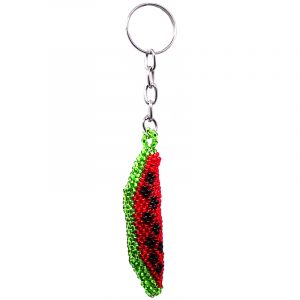 Handmade Czech glass seed bead figurine keychain of a watermelon fruit in red, lime green, and black color combination.