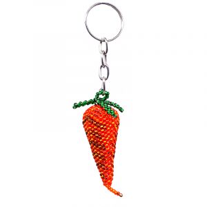 Handmade Czech glass seed bead figurine keychain of a carrot vegetable in orange and green color combination.