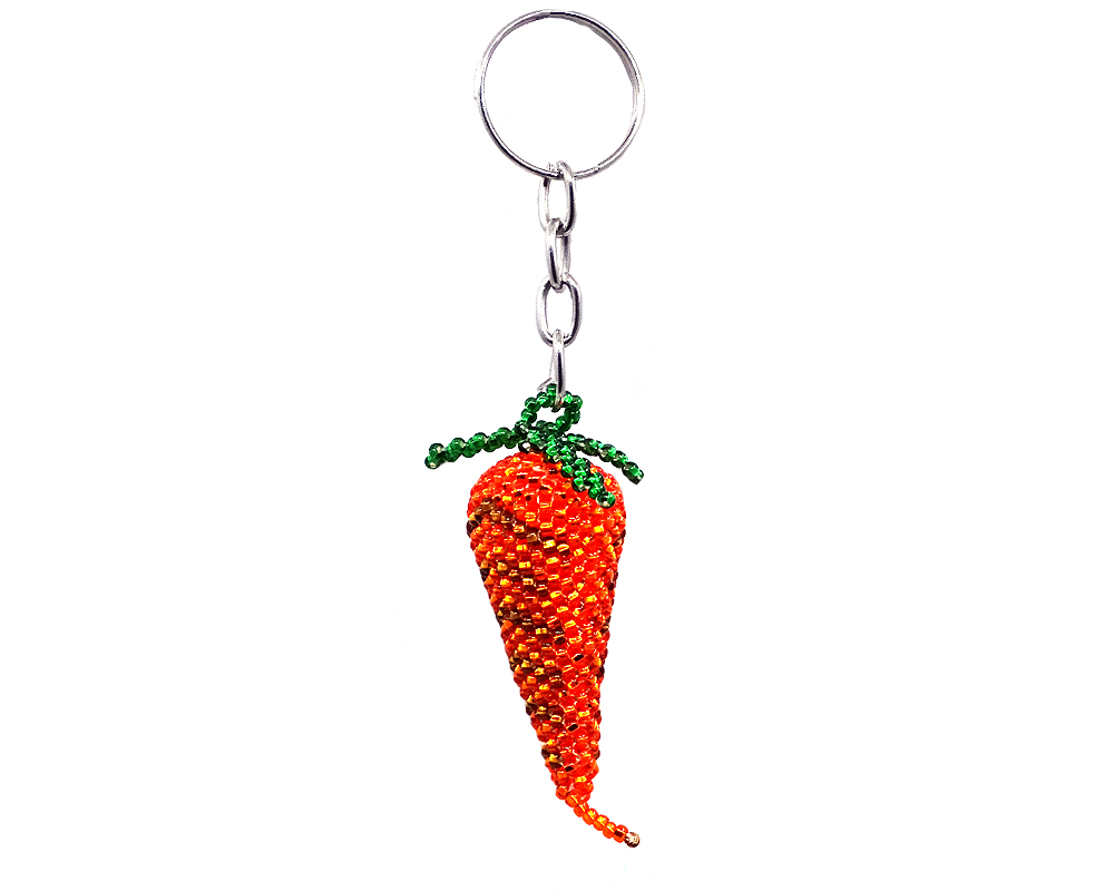 KC-030503020402 Handmade Czech glass seed bead figurine keychain of a carrot vegetable in orange and green color combination.