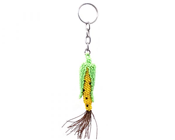 Handmade Czech glass seed bead figurine keychain of a corn in yellow, black, brown, and lime green color combination.