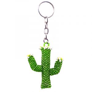 Handmade Czech glass seed bead figurine keychain of a floral saguaro cactus plant in lime green, white, and yellow color combination.