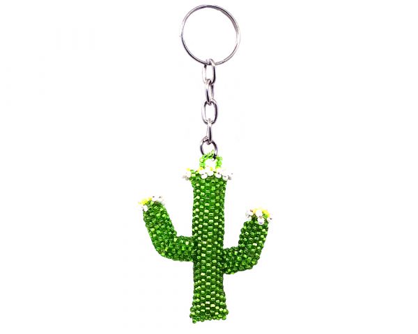 Handmade Czech glass seed bead figurine keychain of a floral saguaro cactus plant in lime green, white, and yellow color combination.