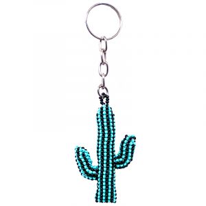 Handmade Czech glass seed bead figurine keychain of a striped saguaro cactus plant in turquoise mint blue and black color combination.