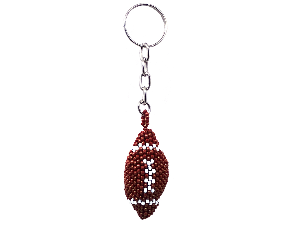 KC-030801080008 Handmade Czech glass seed bead figurine keychain of a football ball in brown and white color combination.