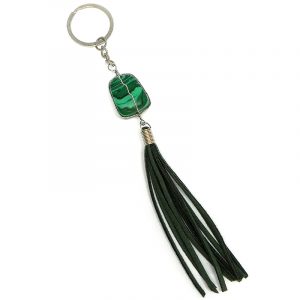 Handmade wire wrapped tumbled gemstone crystal with suede tassel dangle on silver metal key ring in green malachite.