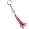KC-040101170790 Handmade wire wrapped tumbled gemstone crystal with suede tassel dangle on silver metal key ring in pink color and light pink rose quartz.