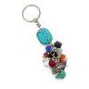 KC-040102353599 Handmade wire wrapped tumbled gemstone crystal with multicolored chip stone cluster dangle on silver metal key ring in turquoise blue howlite.