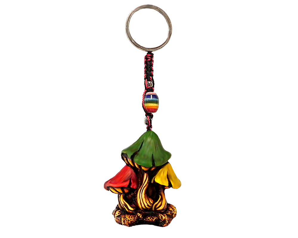 KC-05020101 Handmade durepox resin figurine keychain of three mushrooms in Rasta colors.
