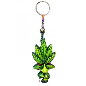 Handmade durepox resin figurine keychain of a smoking leaf man face in lime green, red, and white color combination.