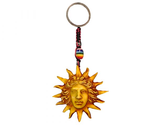 Handmade durepox resin figurine keychain of a golden yellow face with sun rays.