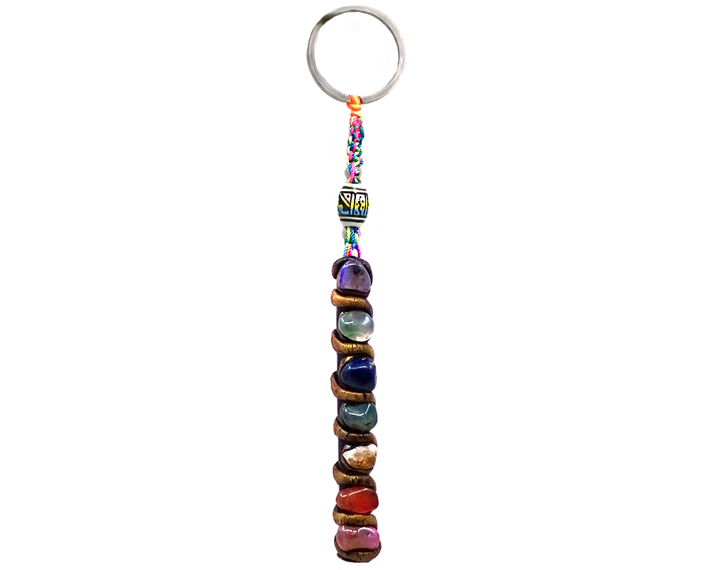 KC-05030101 Handmade durepox resin figurine keychain of seven chakra aligned tumbled gemstone crystals.