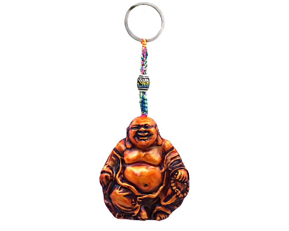 Handmade durepox resin figurine keychain of a gold-colored fat happy buddha.