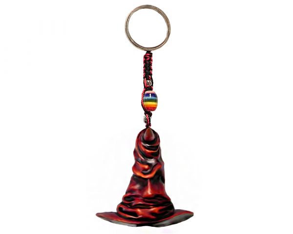 Handmade durepox resin figurine keychain of a red wizard hat.