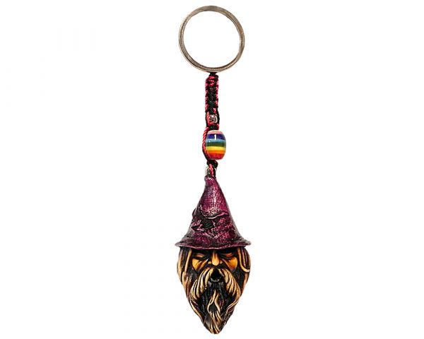 Handmade durepox resin figurine keychain of a bearded wizard head wearing purple-red wizard hat.