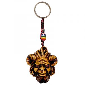 Durepox resin figurine keychain of an evil goat man head representing the Greek mythology god of the wild, Pan.