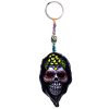 Handmade durepox resin figurine keychain of a hooded death sugar skull with multicolored floral designs.